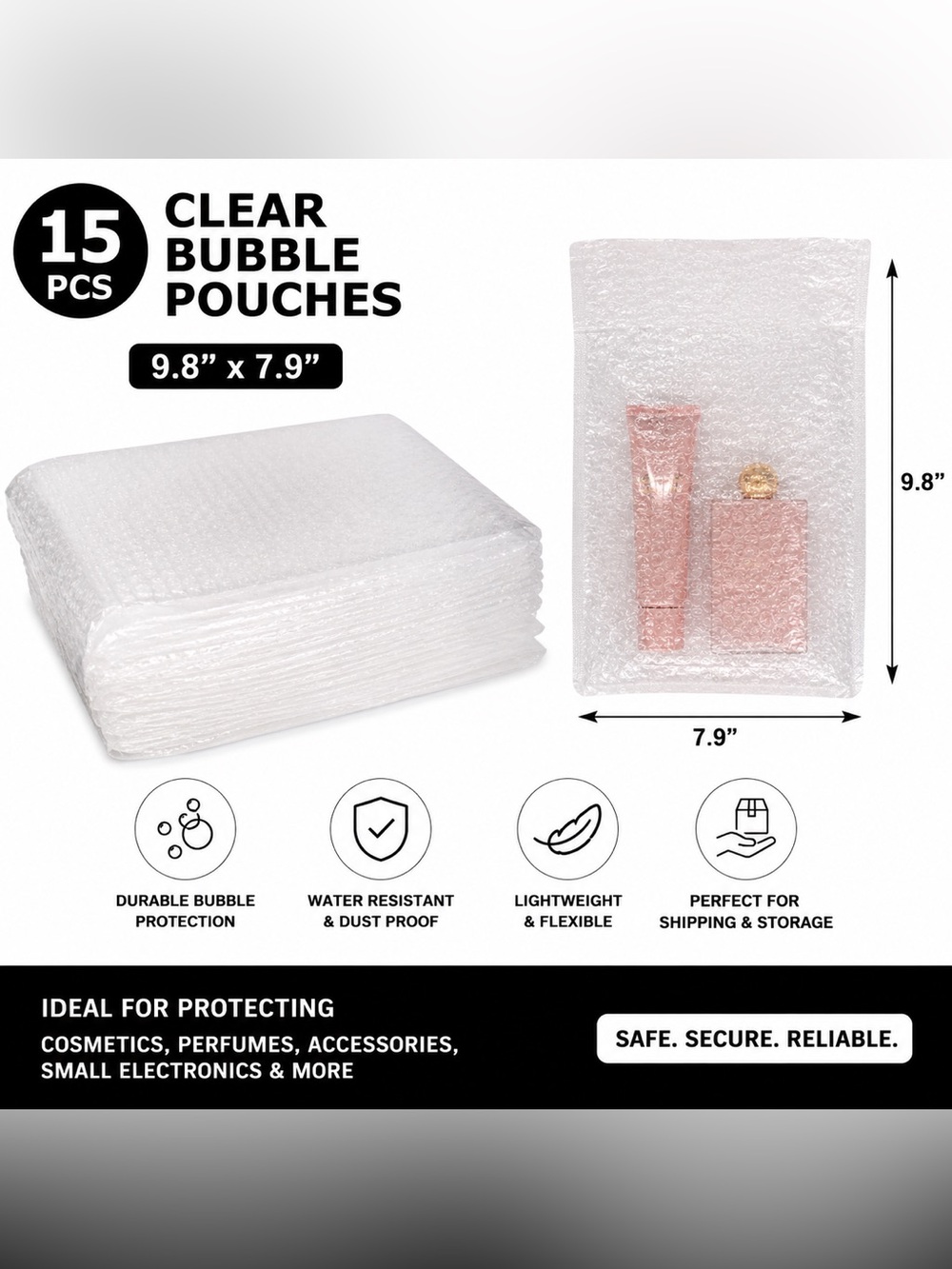 9.8” × 7.9” Clear Bubble Pouches, 15pcs - New